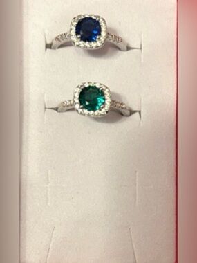 N -Sterling Silver Halo Ring with Green or Blue Center Stone